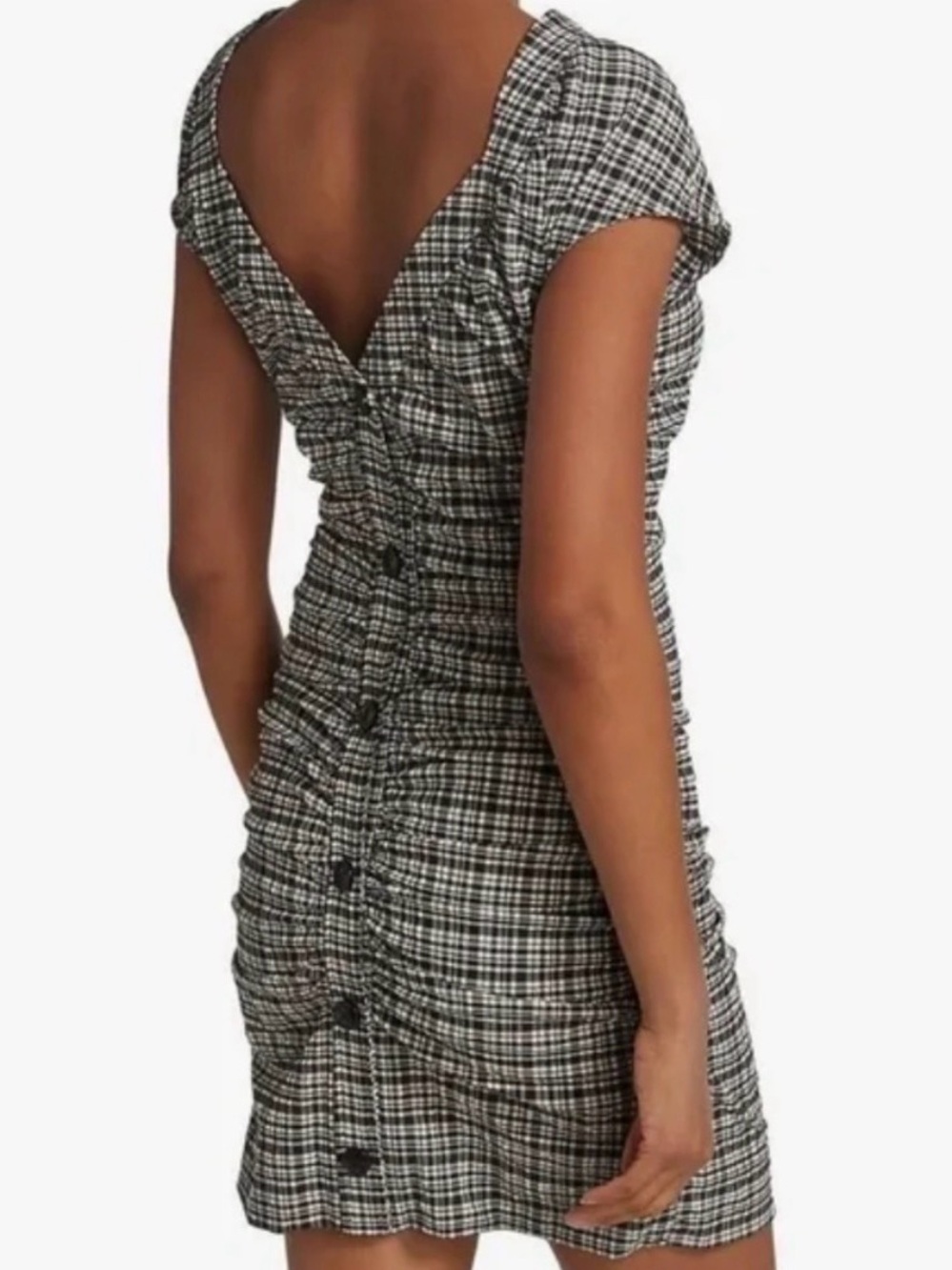 Ganni Plaid Ruched Button Front Mini Dress Seersucker V Neck Sz 34 US 2 4 EUC